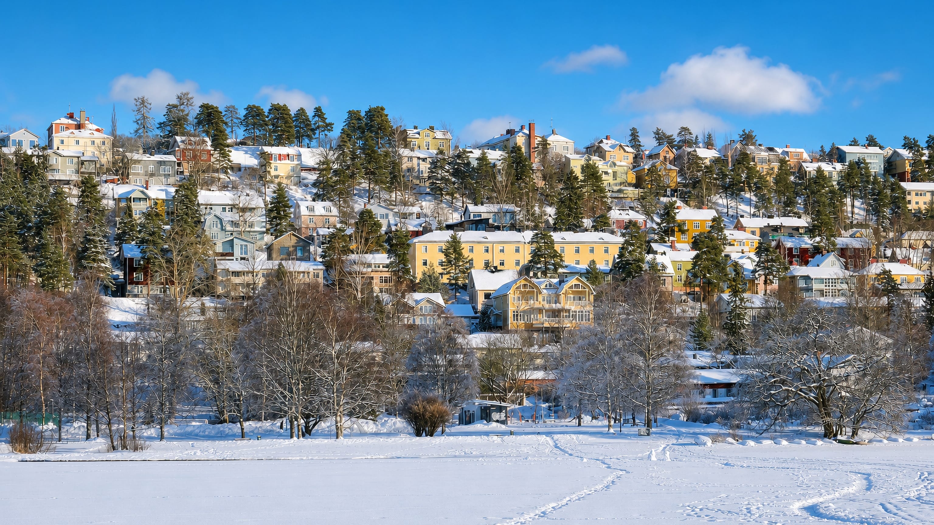 Colourful wooden houses on the Yla-Pispala ridge in Tampere above a frozen lake in winter sun.