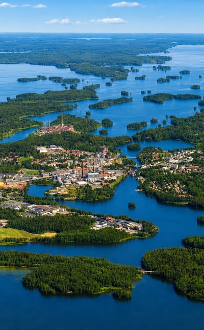Aerial view of Valkeakoski's lakeside town center and paper-mill chimneys amid forested islands in Finland's lakeland