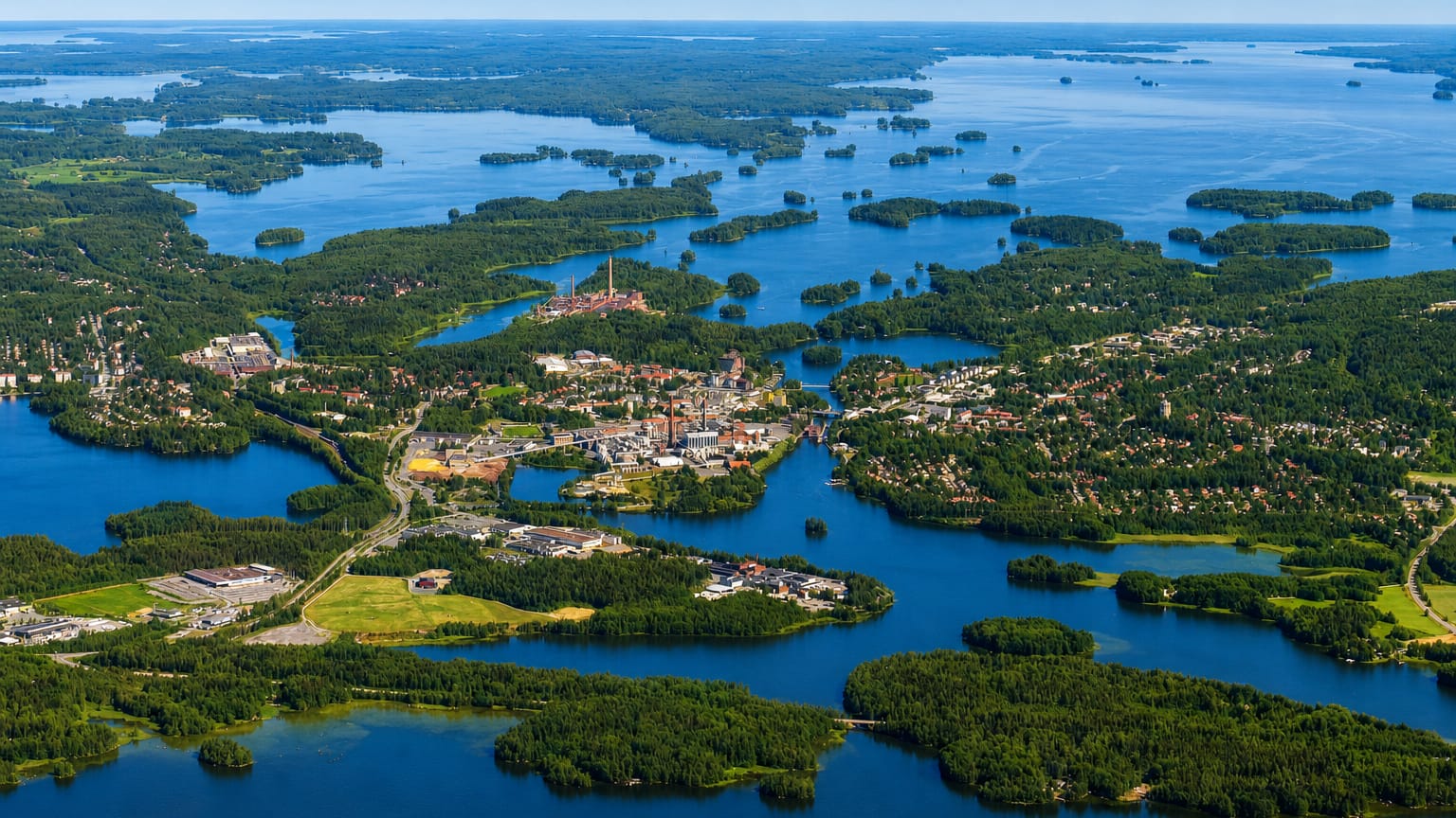 Aerial view of Valkeakoski's lakeside town center and paper-mill chimneys amid forested islands in Finland's lakeland