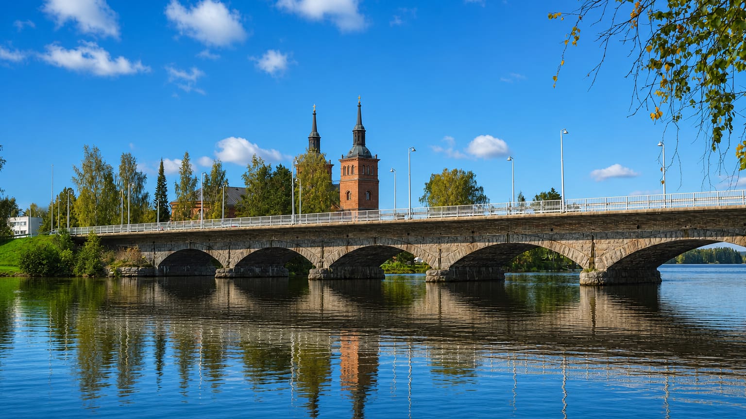 Stone arch bridge over calm water in Vammala, Finland, with the red-brick twin-towered town church beyond autumn trees