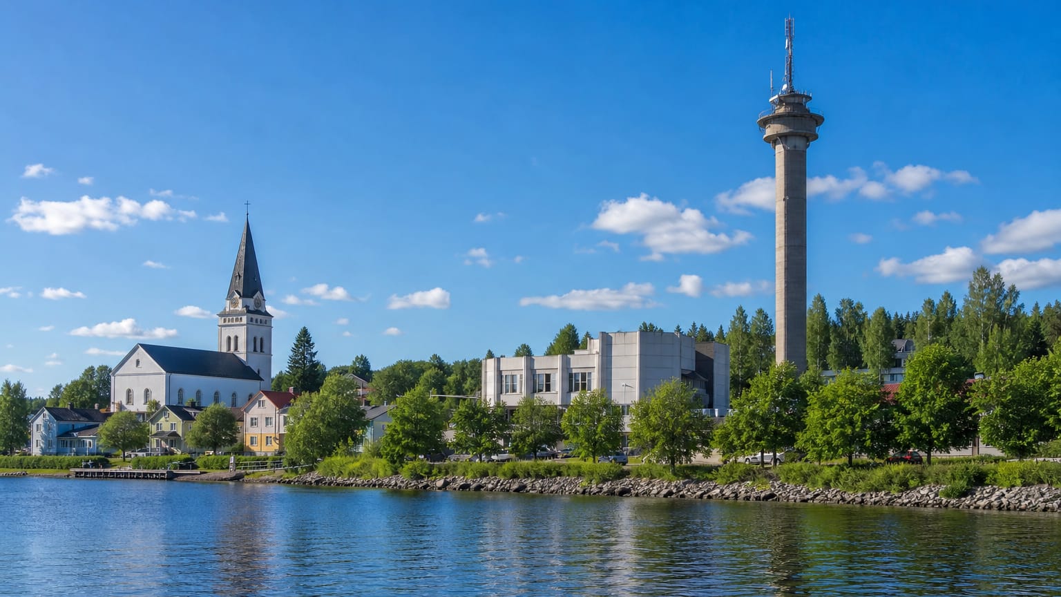 Lakeside townscape with a white church spire and tall observation tower at Vilppula, Finland