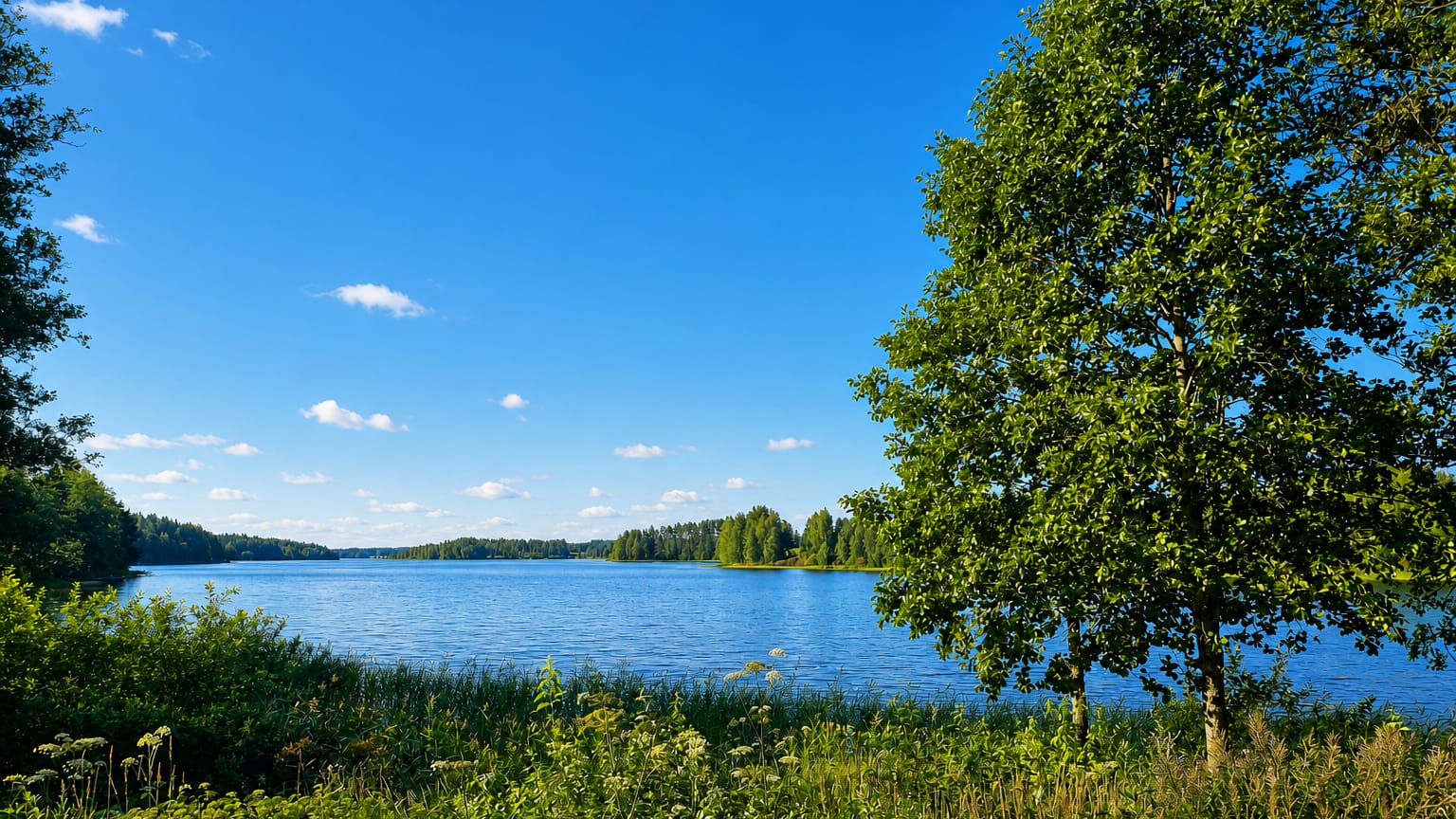 Calm blue lake fringed by forested shores under a clear summer sky, with a leafy tree and wildflowers in Ylöjärvi, Finland.