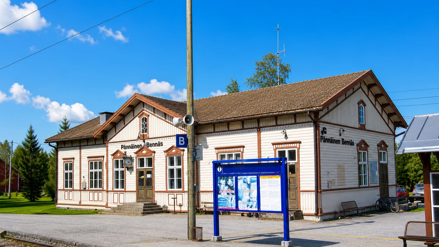 The wooden Bennas railway station with bilingual Pannainen-Bennas signage and platform on a sunny day.