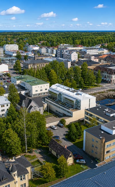 Aerial daytime view over Jakobstad, Finland, with low-rise town buildings, a church spire, a marina and surrounding forest and sea.