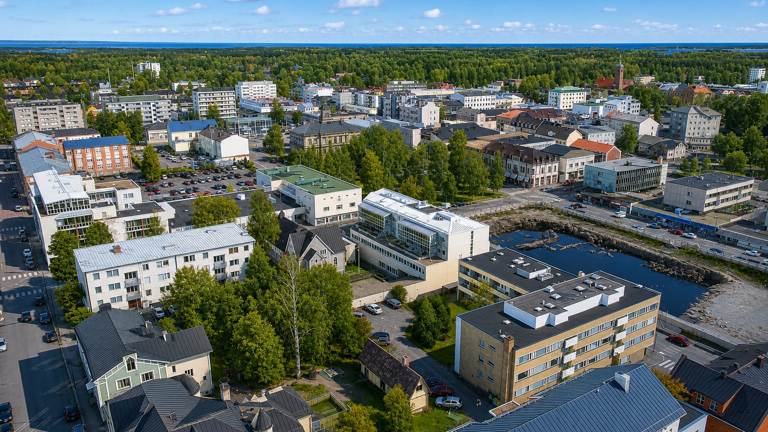 Aerial daytime view over Jakobstad, Finland, with low-rise town buildings, a church spire, a marina and surrounding forest and sea.