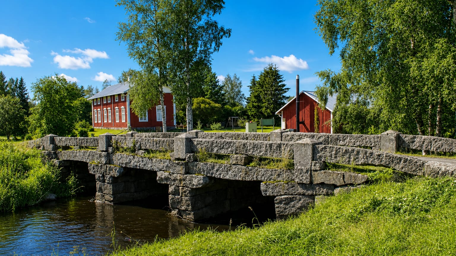 Old stone-arch bridge over a stream beside red wooden houses and birches in Korsnäs, Finland.