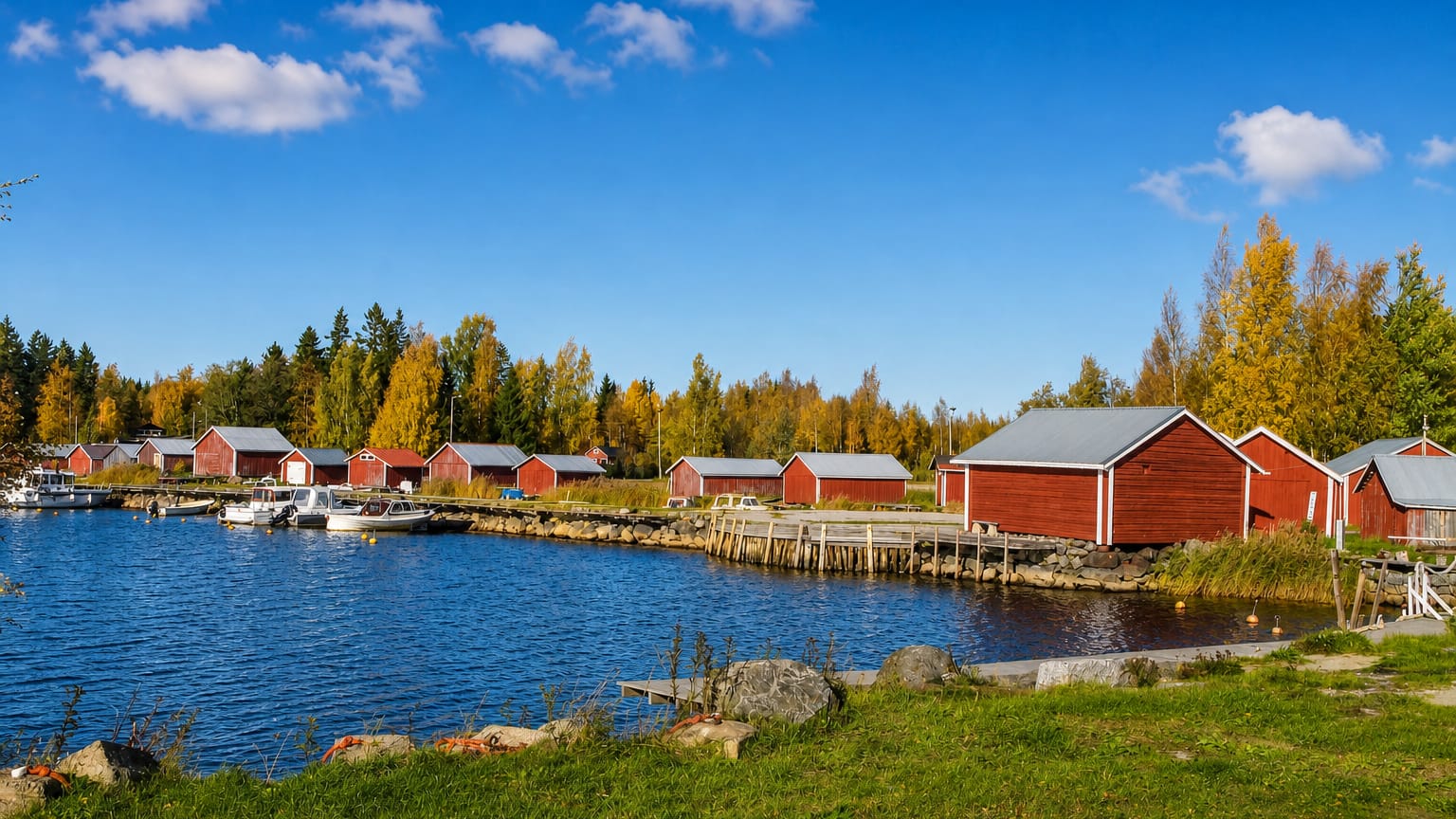 Red wooden boathouses and small boats lining a calm inlet at Malax, Finland, amid autumn trees.