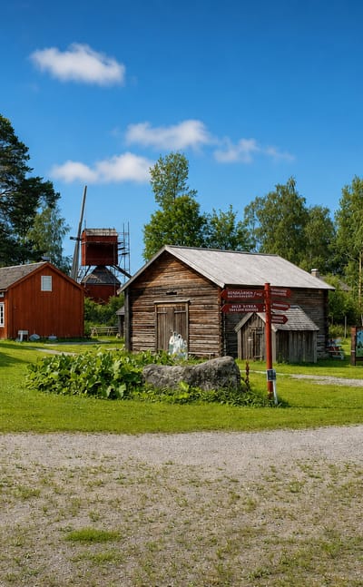 Red-painted wooden heritage buildings and a windmill on a green lawn in Smedsby