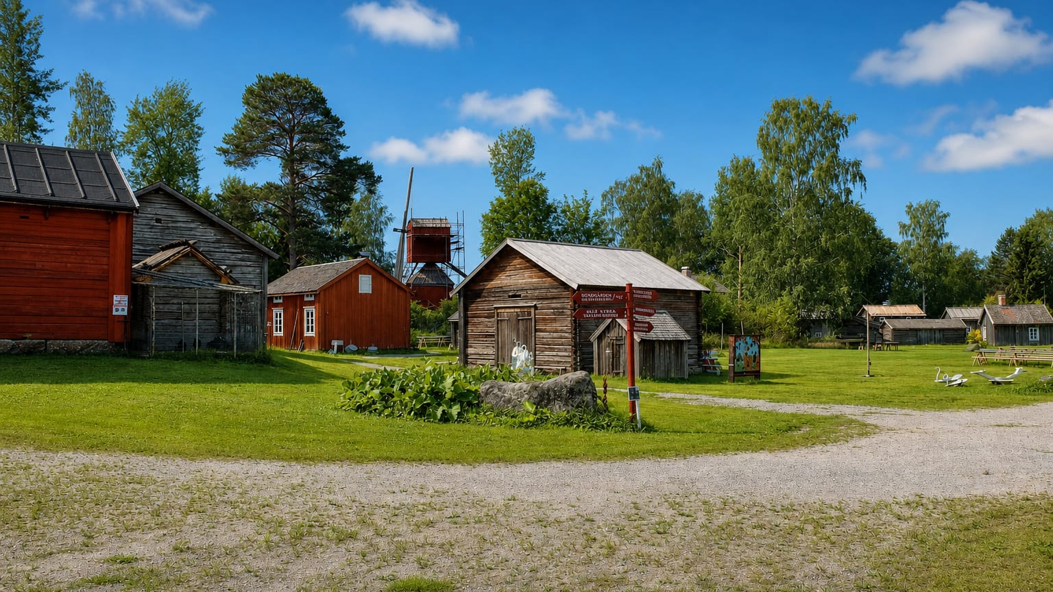 Red-painted wooden heritage buildings and a windmill on a green lawn in Smedsby