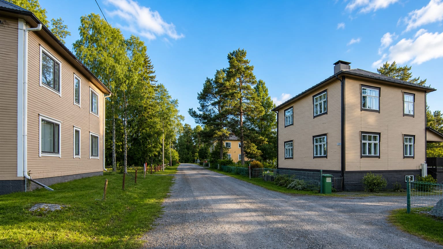 Gravel lane between wooden two-storey houses and birches in Dragnäsbäck, Vaasa.