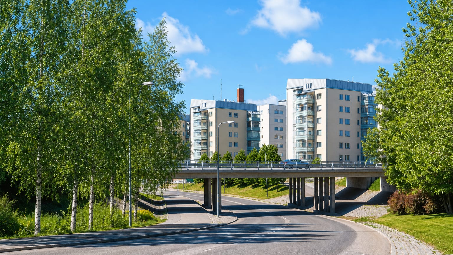 Road bridge and pale apartment blocks framed by summer birches in Hietalahti, Vaasa.