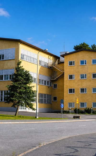 Yellow functionalist institutional building among pines on a quiet sunlit street in Huutoniemi, Vaasa.