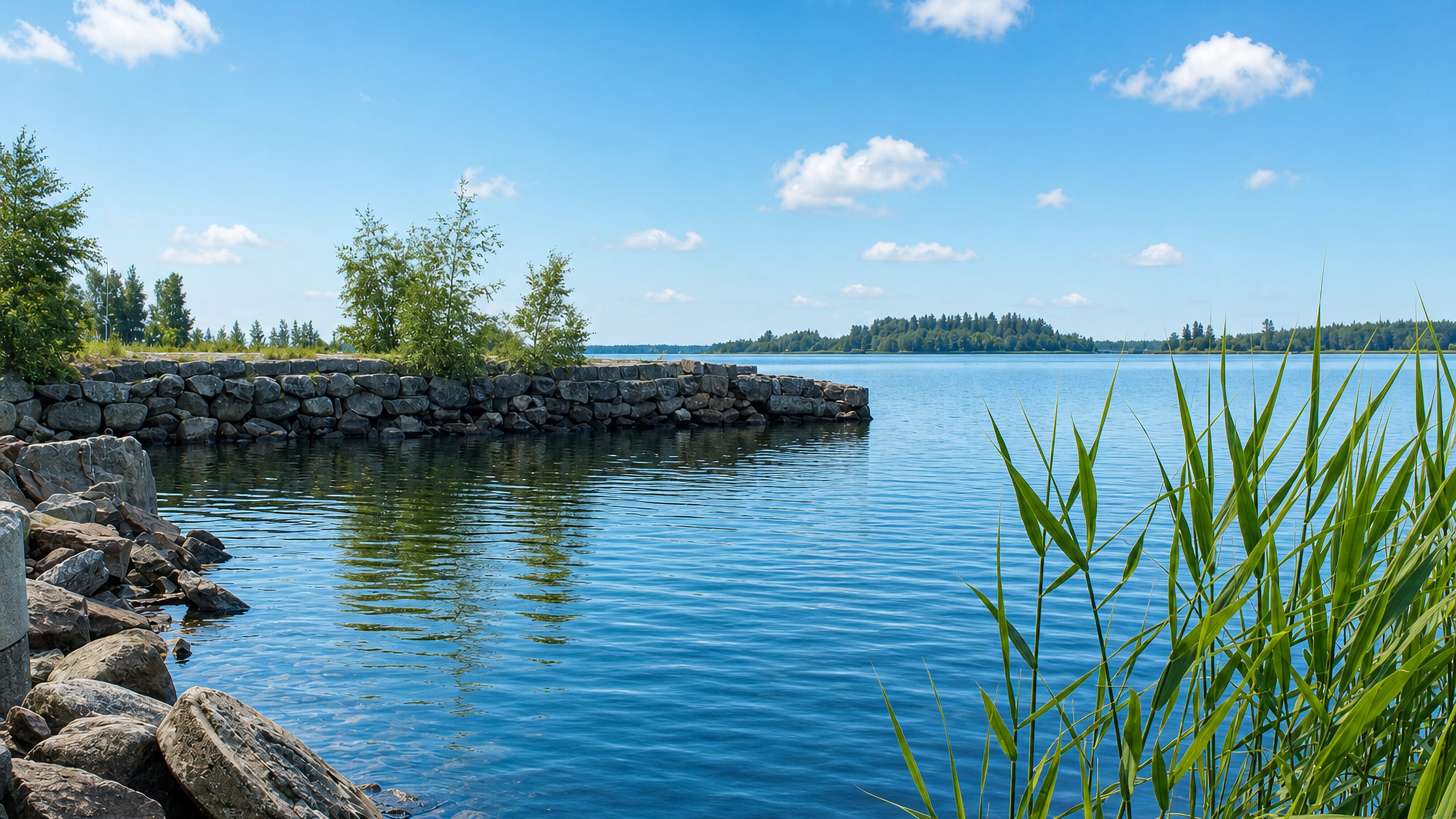 Rock-armoured shoreline and reeds on sunlit open water at Viikinlohko in Vaasa, Finland.