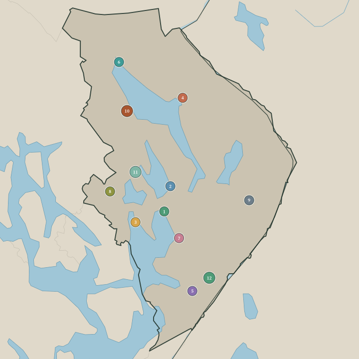 Map of Pohjois-Karjala showing its numbered towns and cities