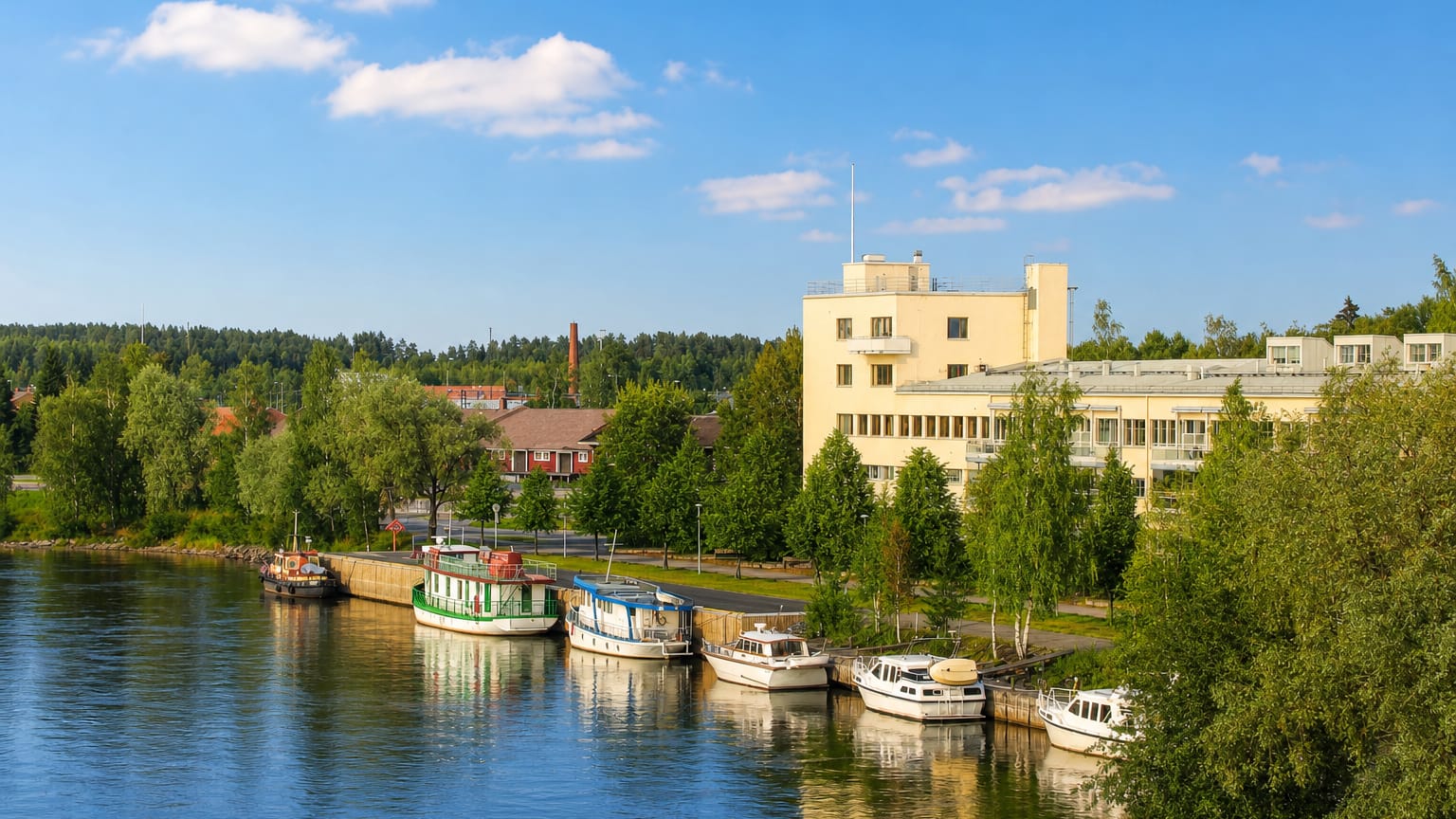 Small boats moored along a calm river quay in Joensuu, Finland, below a pale building and forested green banks