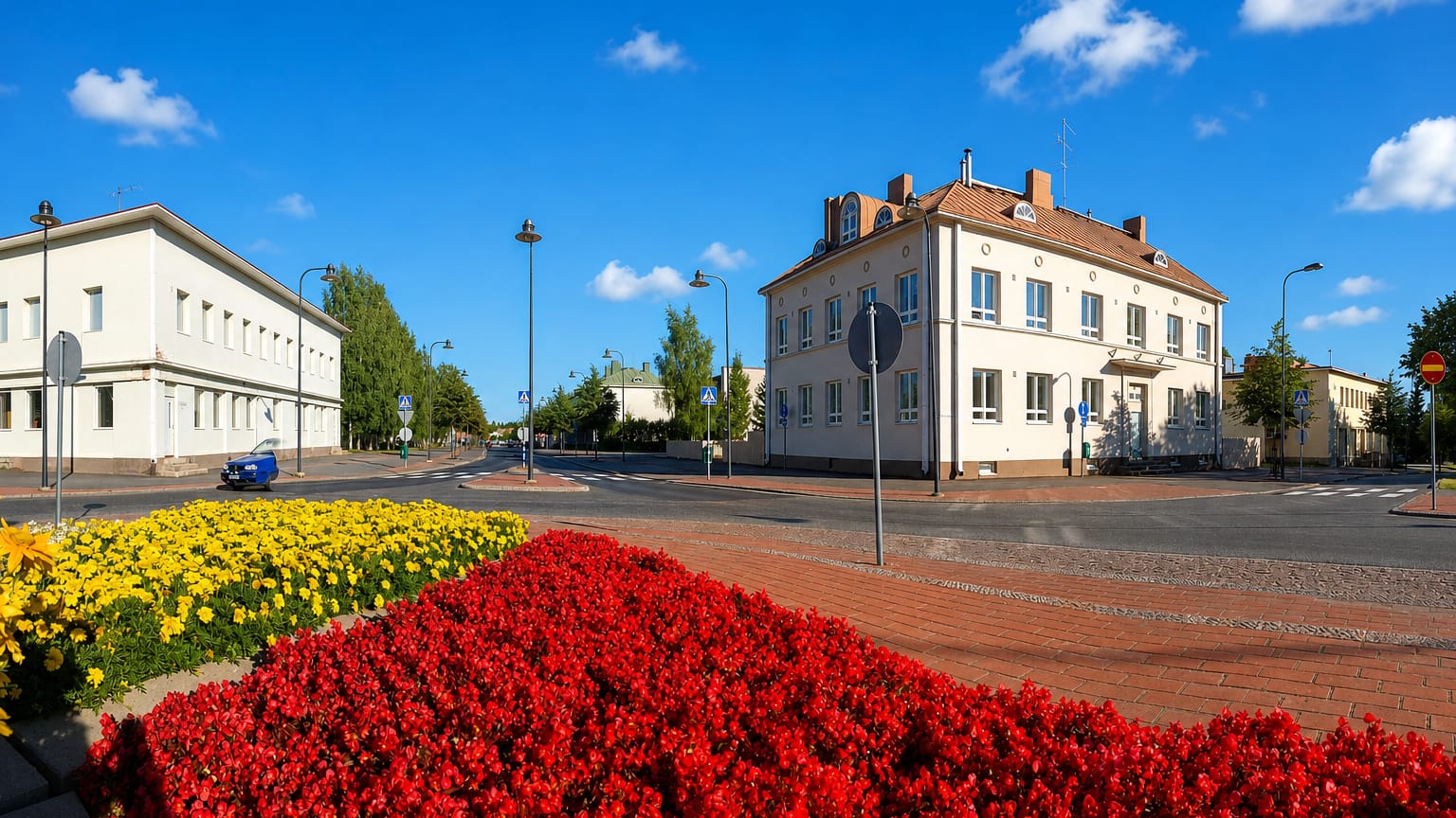 Lieksa town centre street lined with white buildings and a vivid red and yellow flowerbed under a clear blue summer sky
