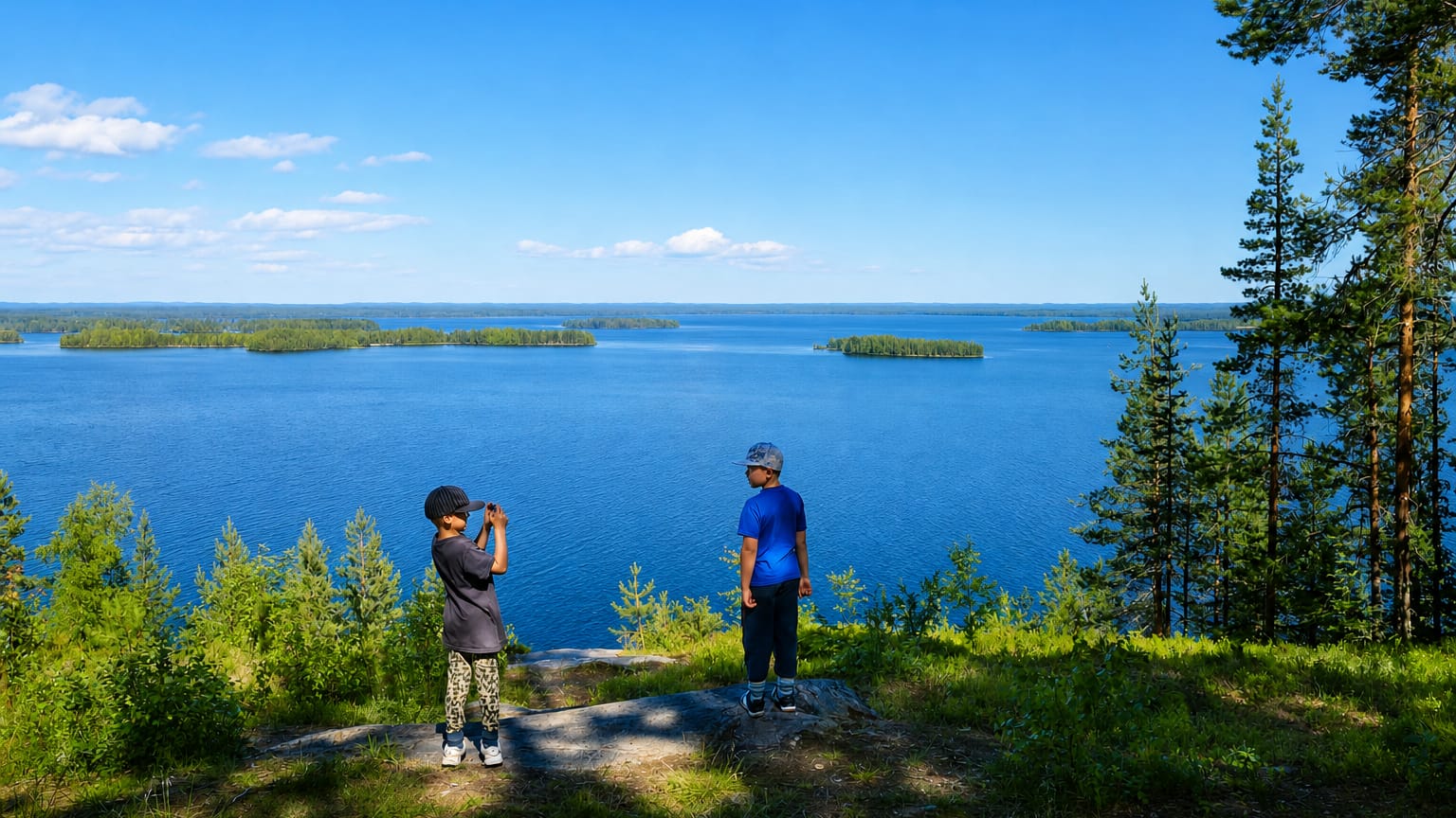 Two children on a rocky viewpoint overlooking a forested lake with islands near Polvijärvi in summer.