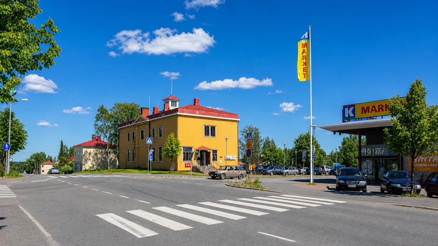 A yellow wooden building beside a K-Market and street crossing in Tohmajärvi, eastern Finland.