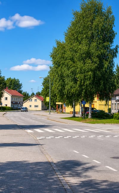 Quiet main street through Valtimo village centre in North Karelia, Finland, with road signs and low shops.