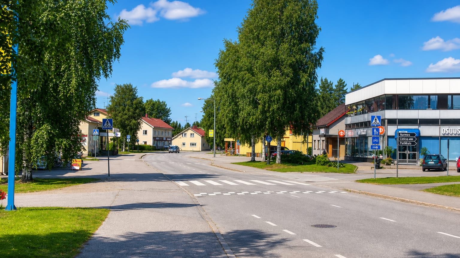 Quiet main street through Valtimo village centre in North Karelia, Finland, with road signs and low shops.