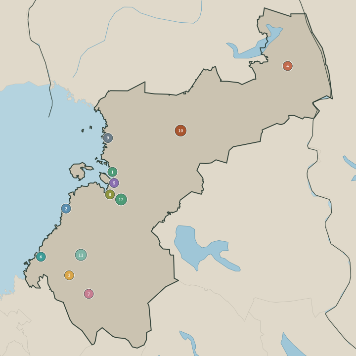 Map of Pohjois-Pohjanmaa showing its numbered towns and cities