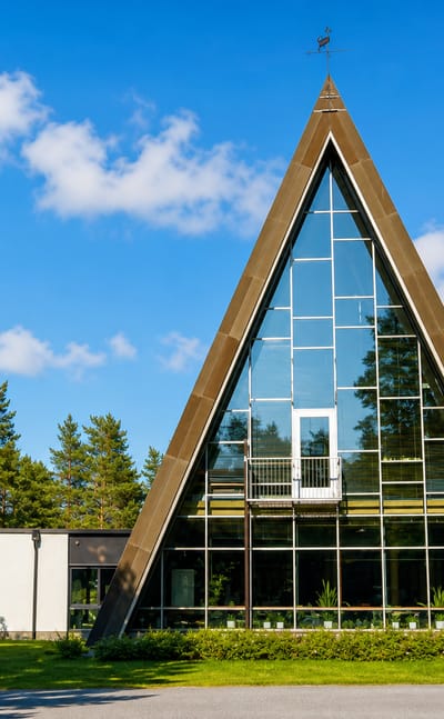 A modern A-frame glass church with a tall spire among pines under a blue sky in Hailuoto, Finland.