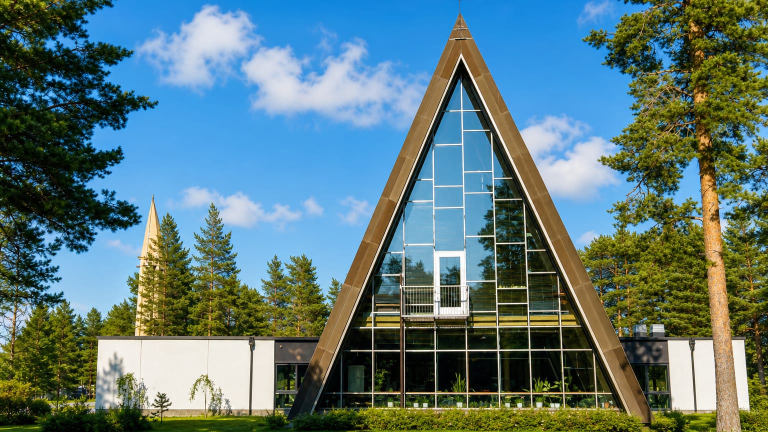 A modern A-frame glass church with a tall spire among pines under a blue sky in Hailuoto, Finland.