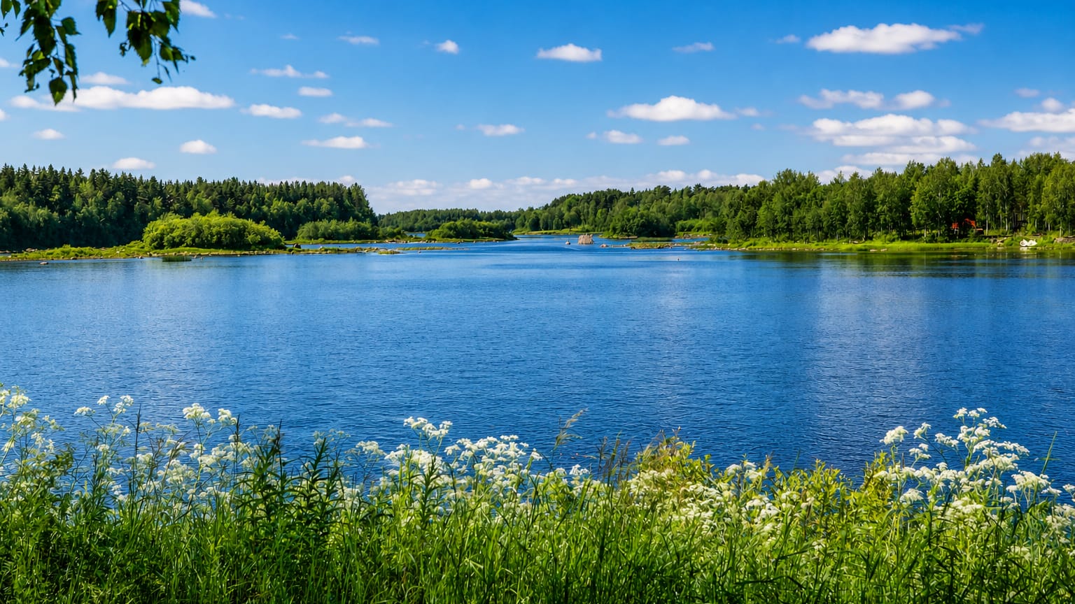 Wide calm river bordered by green forested banks and white summer wildflowers under a blue sky at Ii, Finland.