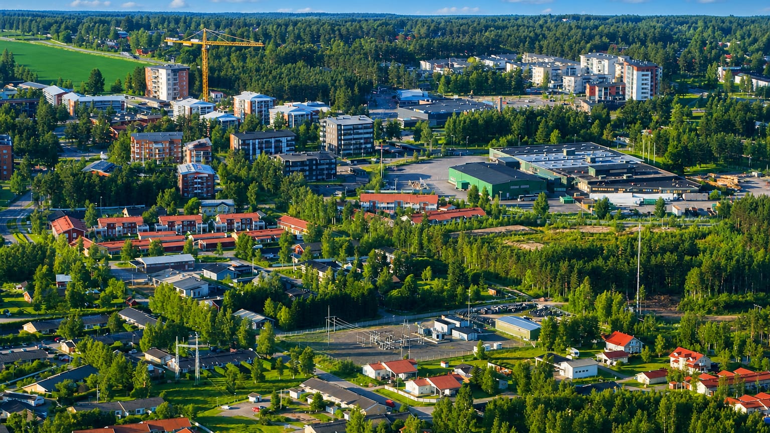 Aerial daytime view of Kempele, Finland, with apartment blocks, red-roofed houses and forest under a blue sky.