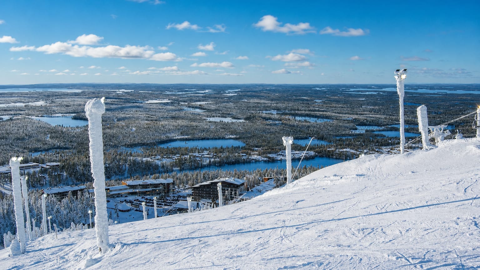 Winter view from Ruka fell over the Kuusamo resort, a snow-laden slope, frosted poles and frozen lakes below.