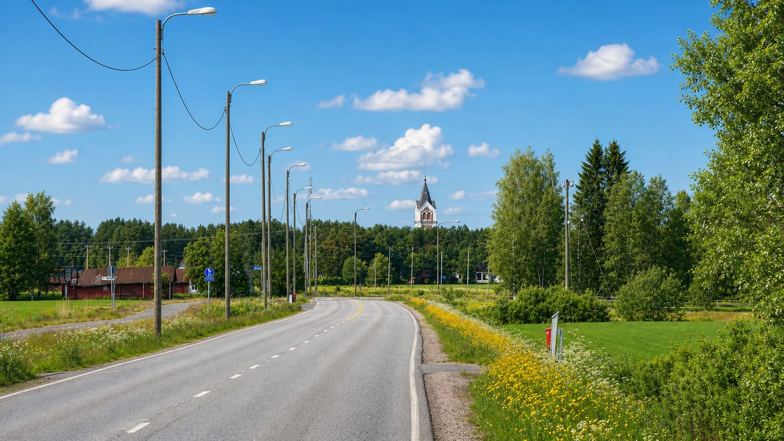 Road leading into Lumijoki village with the church tower rising in the distance among summer greenery.
