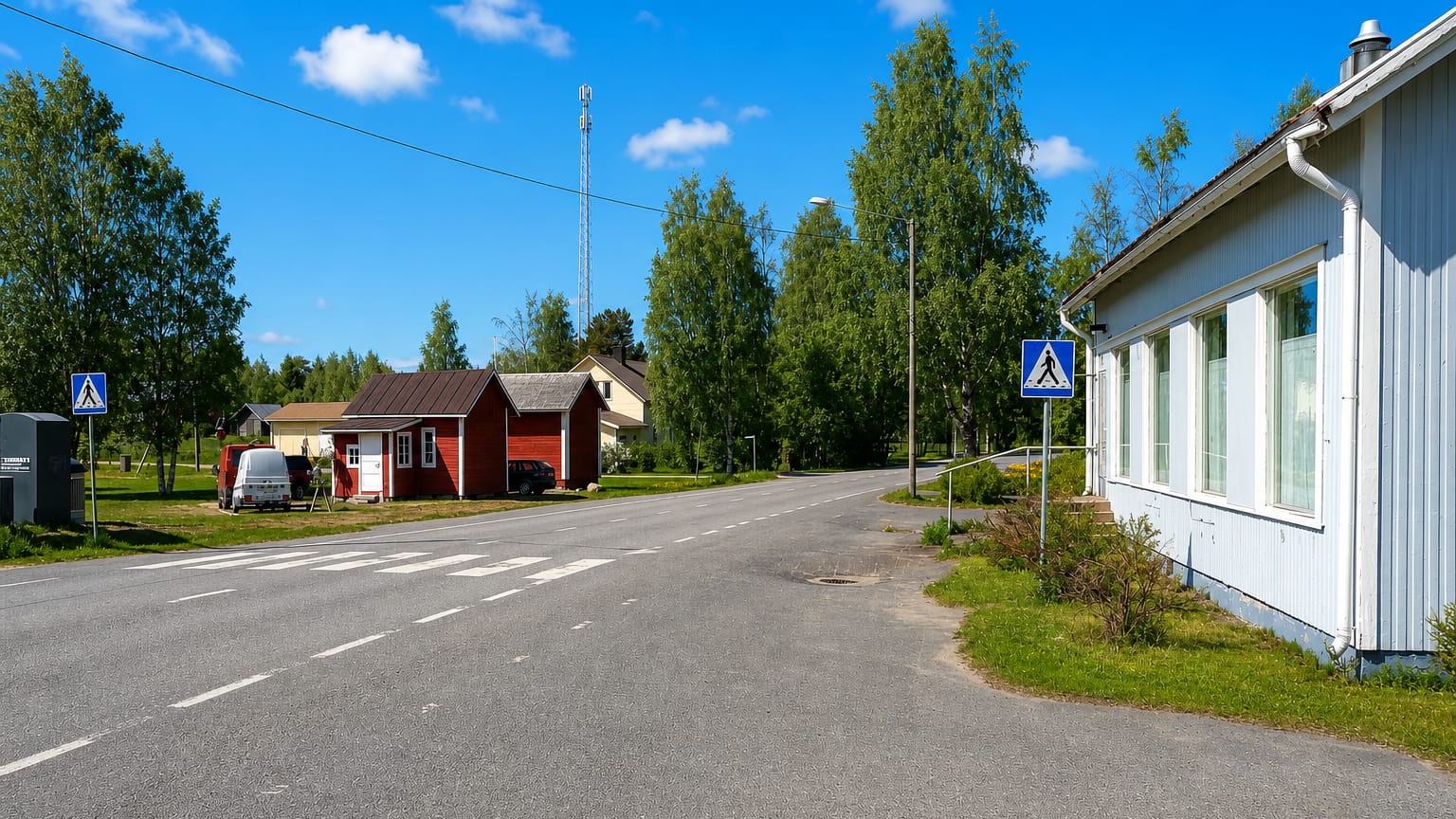 A quiet rural crossroads with a small red cottage and white timber house beside a telecom mast in Merijärvi, Finland.