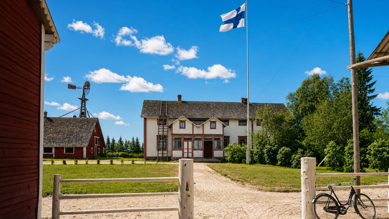 Traditional cream farmhouse, red wooden barns, a Finnish flag and a bicycle at a rural homestead in Nivala, Finland.