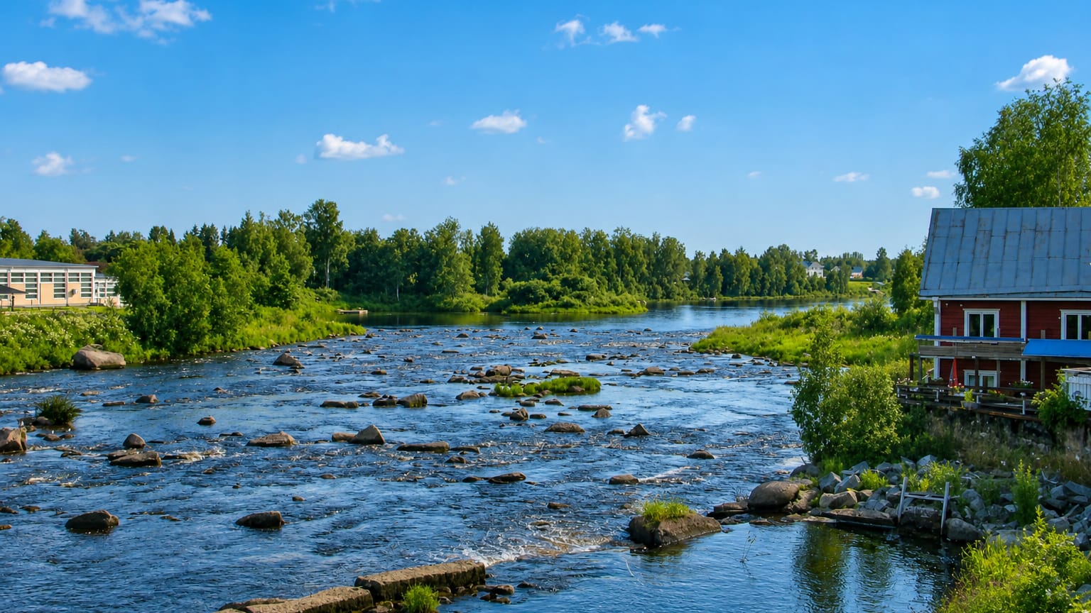 Rocky river rapids through Oulainen, Finland, with forested banks and a red riverside building under a blue summer sky.
