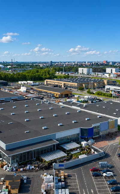 Aerial view of retail warehouses and car parks in Äimärautio, Oulu, with the city skyline on the horizon.