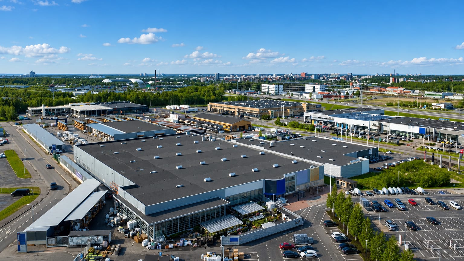 Aerial view of retail warehouses and car parks in Äimärautio, Oulu, with the city skyline on the horizon.