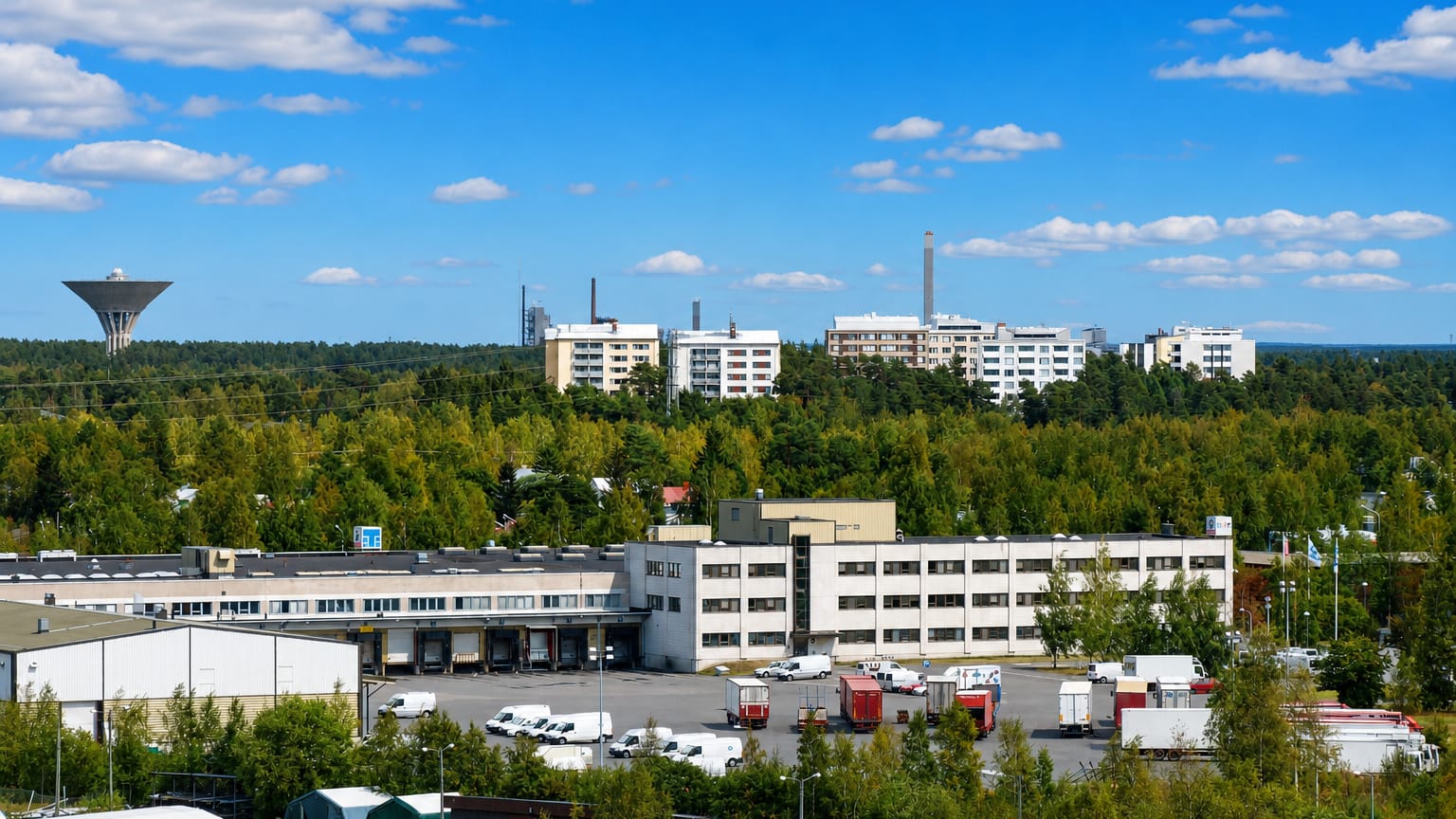 Daytime view over Alppila, Oulu, with a water tower, white apartment blocks and an industrial estate amid forest.