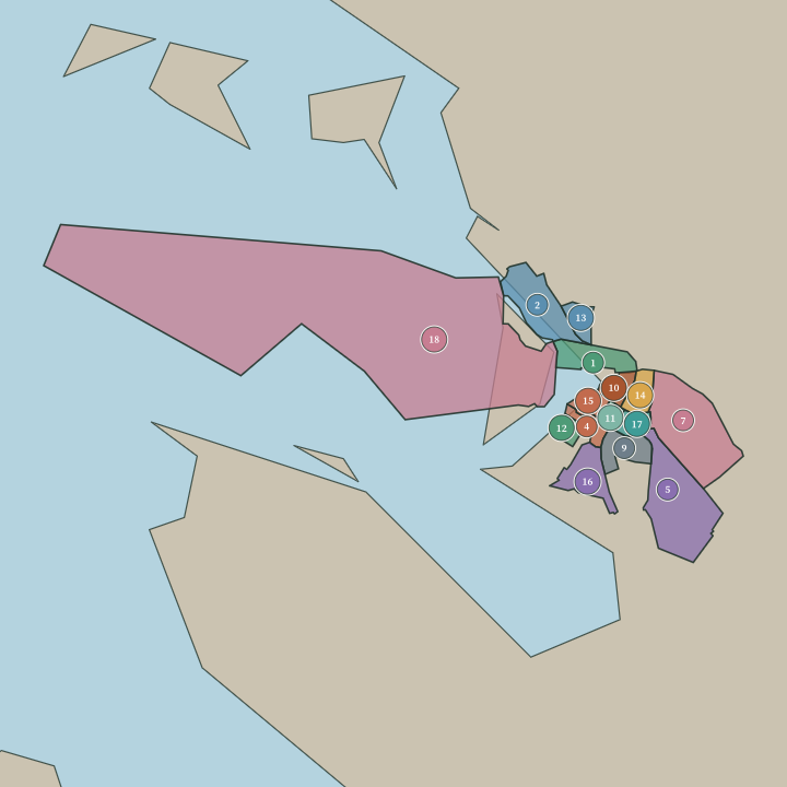 Map of Oulu showing its numbered neighbourhoods