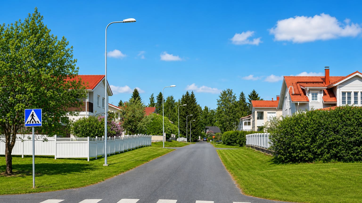 Quiet street of red-roofed white timber houses in Hintta, Oulu, on a clear summer day.
