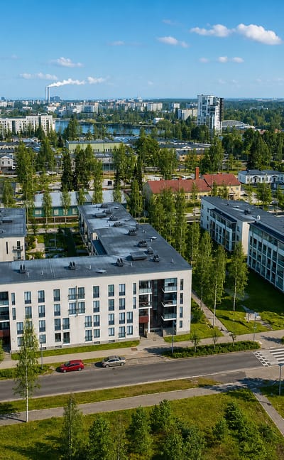 Aerial view over Intiö, Oulu, showing modern white apartment blocks among birch trees with Oulu's skyline beyond