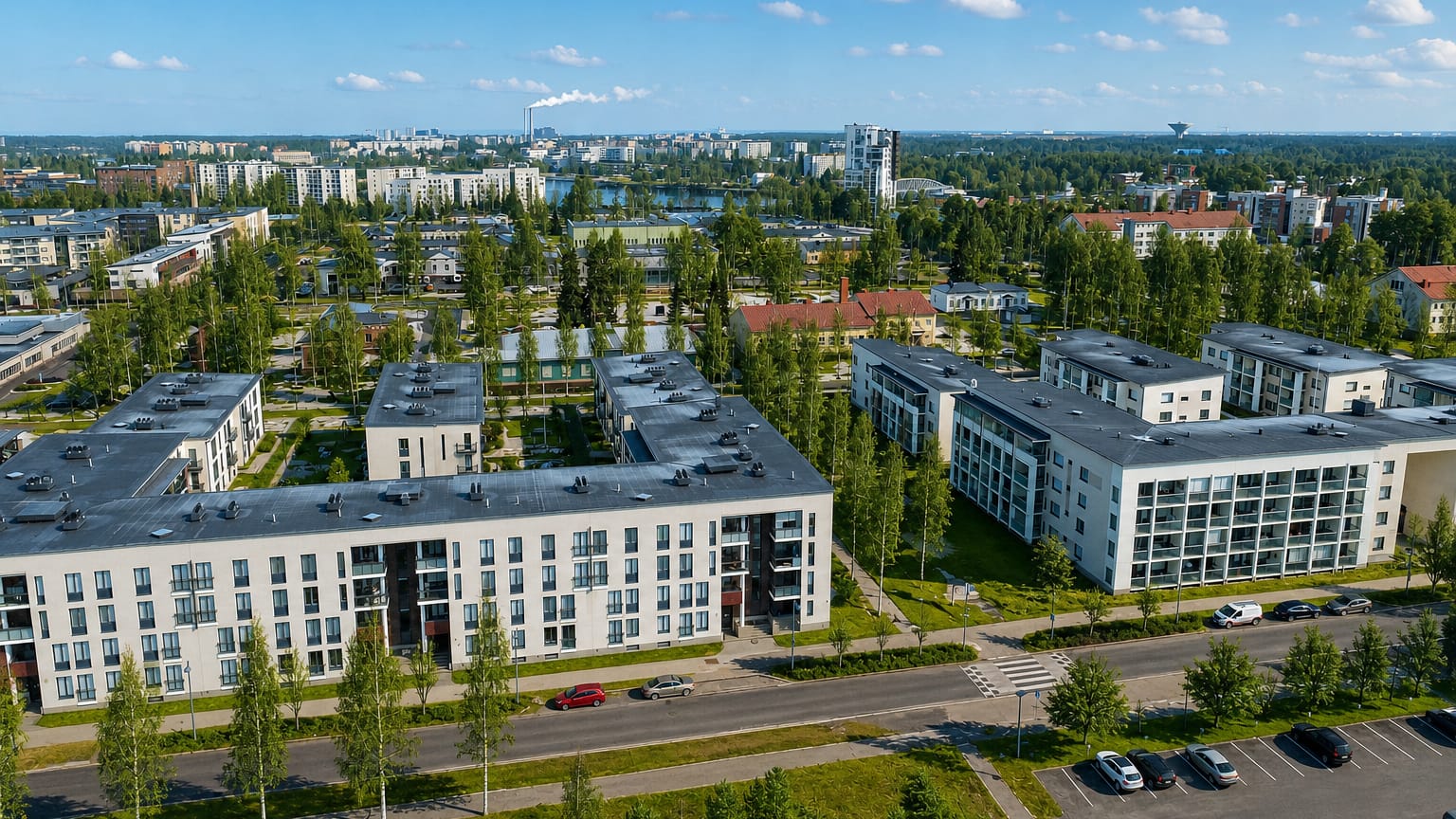 Aerial view over Intiö, Oulu, showing modern white apartment blocks among birch trees with Oulu's skyline beyond
