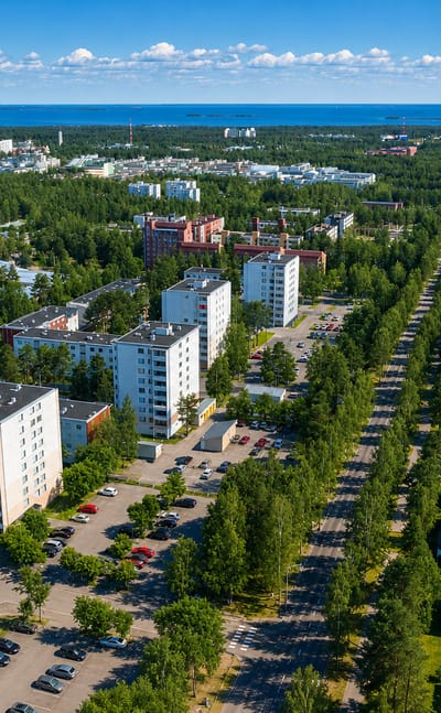 Aerial daytime view of Kaijonharju, Oulu, with white and red apartment blocks among pine forest and the Bay of Bothnia beyond.