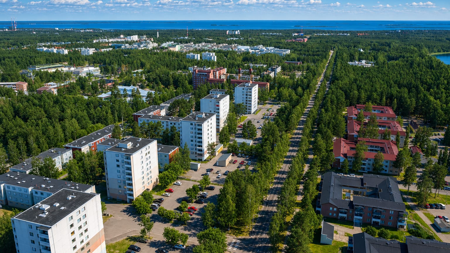 Aerial daytime view of Kaijonharju, Oulu, with white and red apartment blocks among pine forest and the Bay of Bothnia beyond.