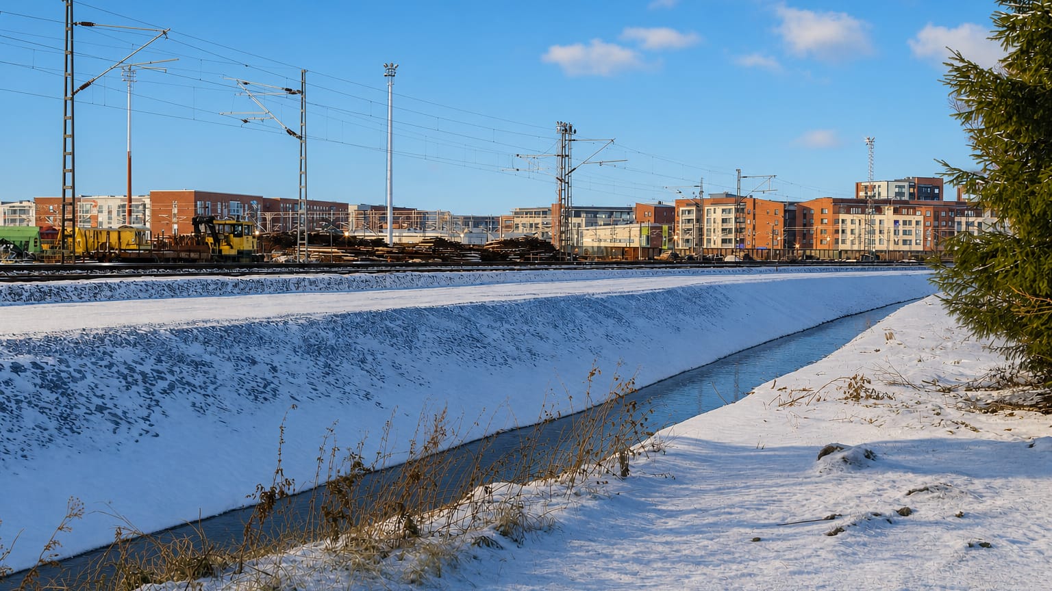 Snow-covered railway yard beside red-brick apartment blocks under a clear blue winter sky in Karjasilta, Oulu, Finland.