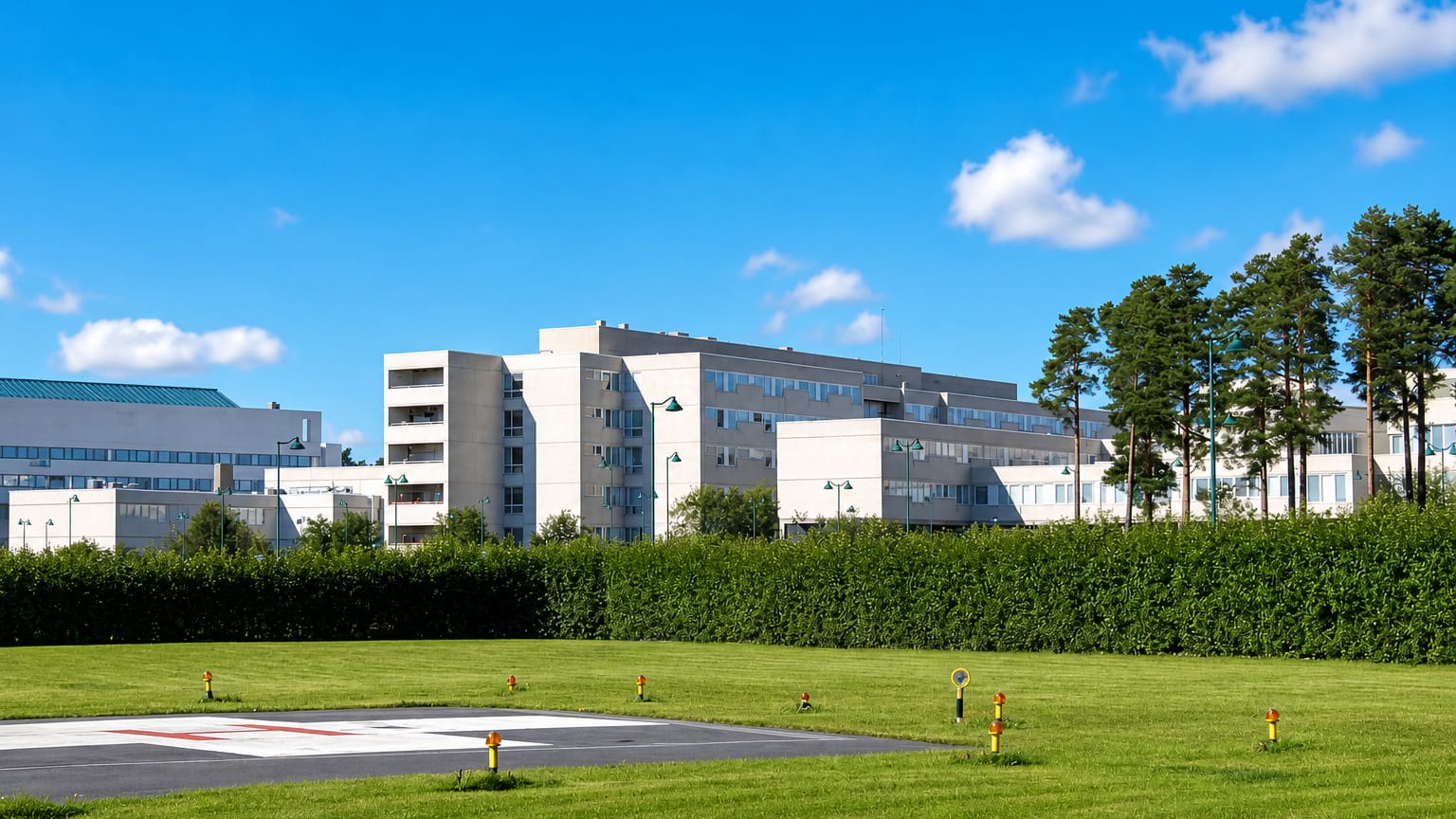 Hospital buildings and a helipad set behind trees and lawn in Kontinkangas, Oulu's healthcare district.