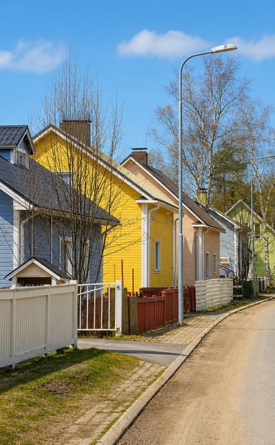 Colourful wooden houses along a quiet street in Koskela, a residential district of Oulu.