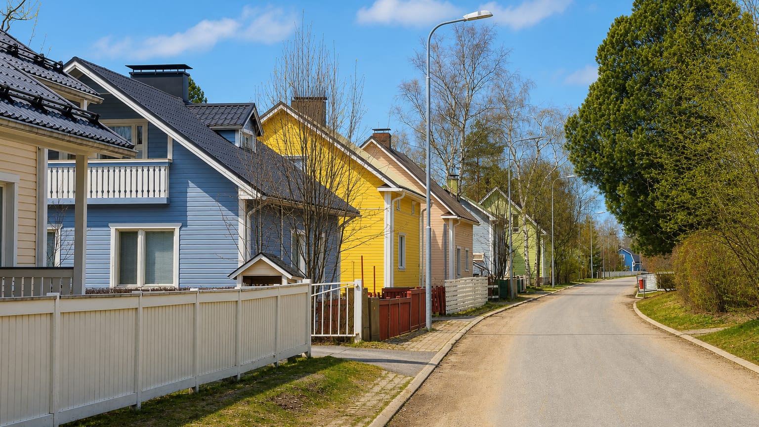 Colourful wooden houses along a quiet street in Koskela, a residential district of Oulu.