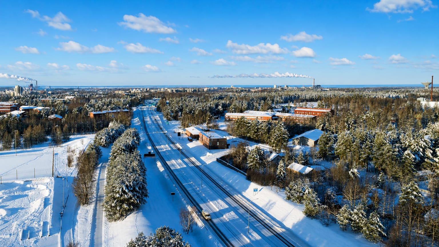 Snow-covered motorway through pine forest at Kynsilehto, Oulu, with the city's industrial skyline beyond.