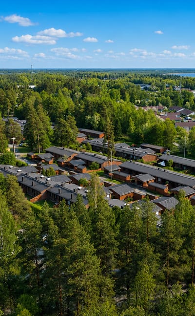 Aerial view over Mäntylä in Oulu, with dark-roofed terraced houses set among pine forest and the sea beyond.
