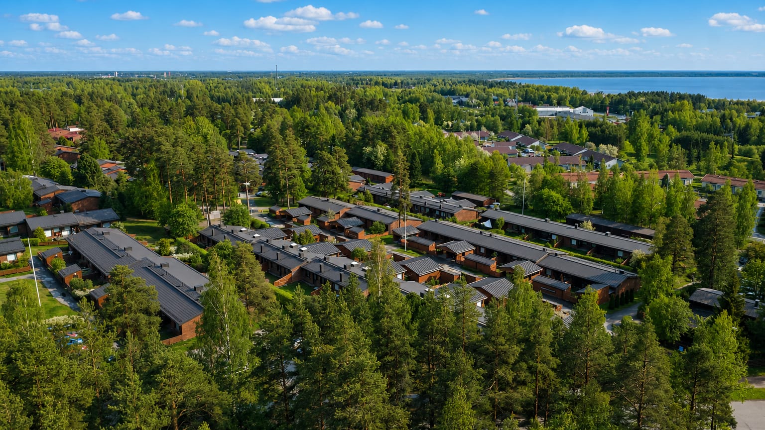 Aerial view over Mäntylä in Oulu, with dark-roofed terraced houses set among pine forest and the sea beyond.